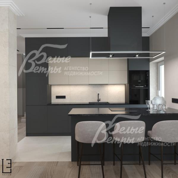 Визуализация дизайн проекта 1-го этажа: предусмотрена кухня с островом