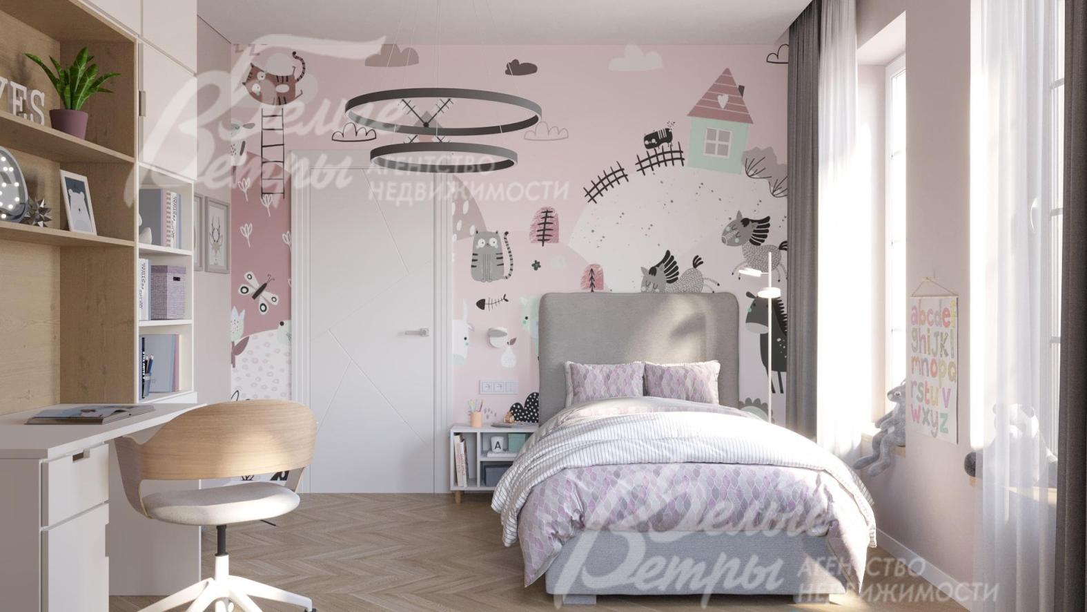 Одна из спален оформлена "под детскую" с дизайнерскими обоями