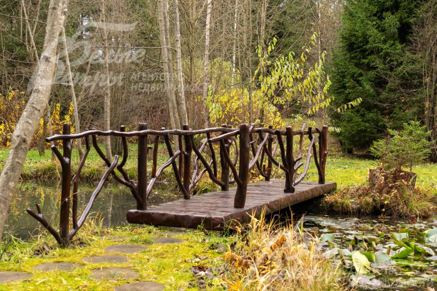 На участке есть каскад небольших прудов с кувшинками, ручьём и мостиком