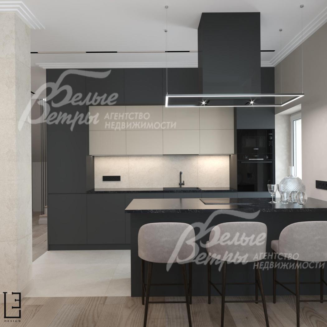 Визуализация дизайн проекта 1-го этажа: предусмотрена кухня с островом