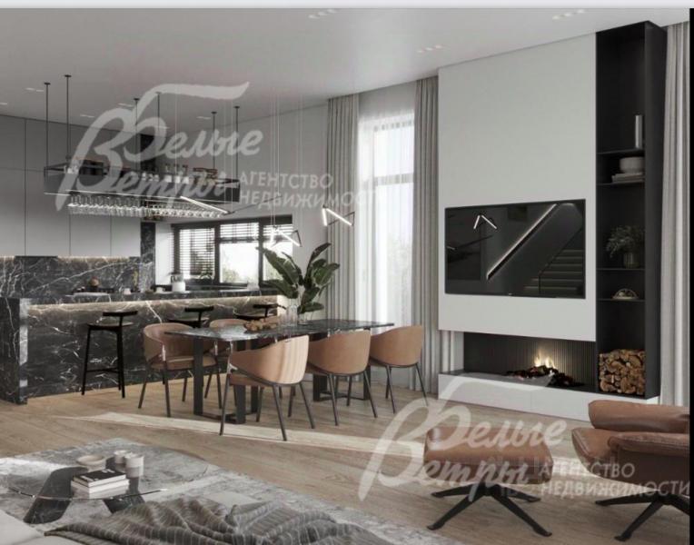 Визуализация: интерьер кухни-столовой с камином (есть дизайн-проект)