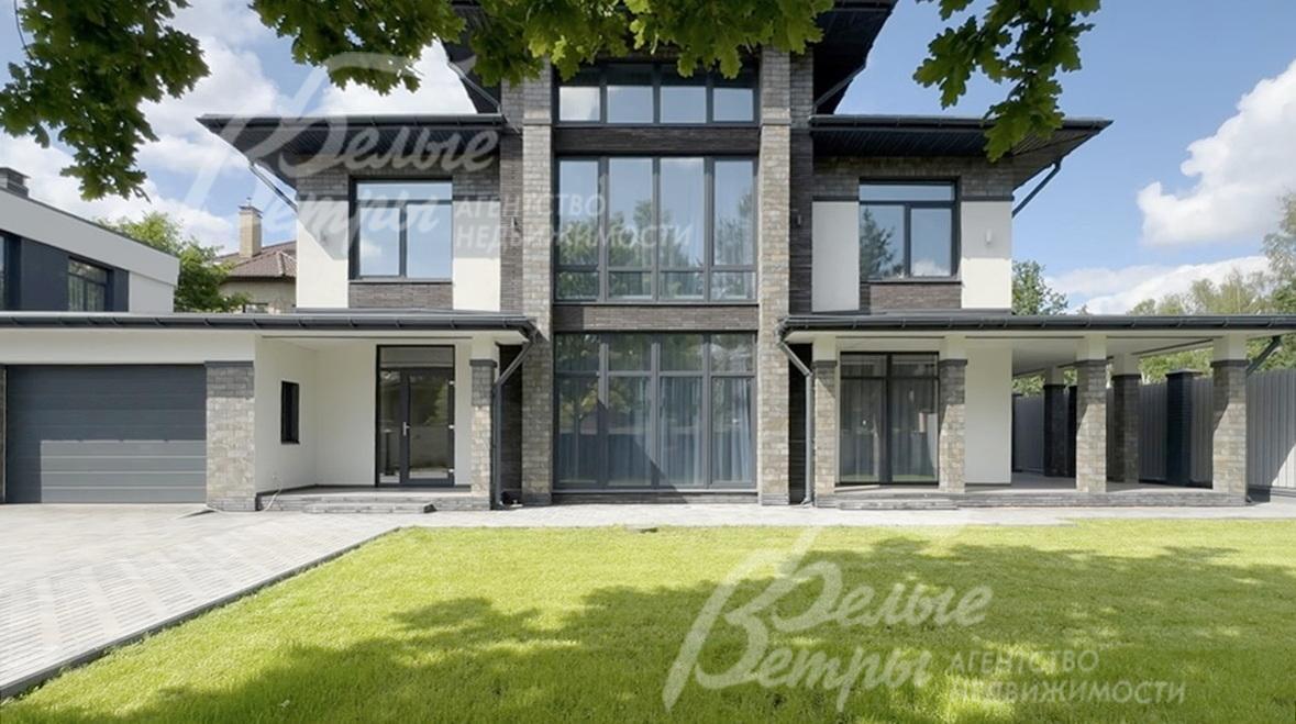 Новый готовый дом, построенный по дизайнерскому проекту в актуальном стиле архитектуры Фрэнка Ллойда Райта с акцентным панорамным фасадом и выразительной отделкой стен