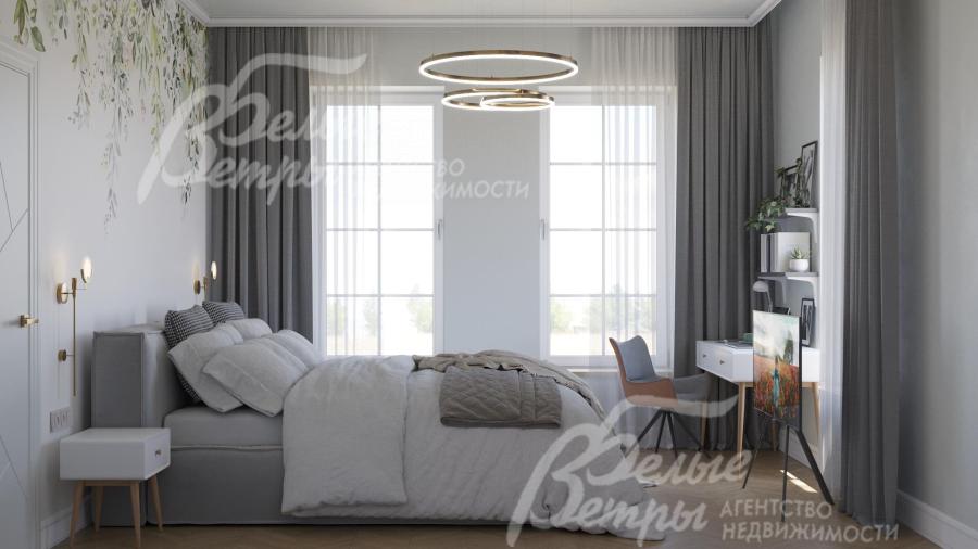 Спальня на первом этаже со спальным гарнитуром и рабочим местом