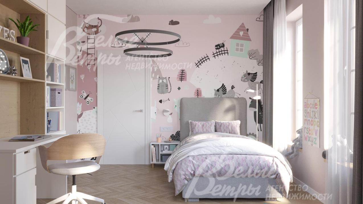 Одна из спален оформлена "под детскую" с дизайнерскими обоями