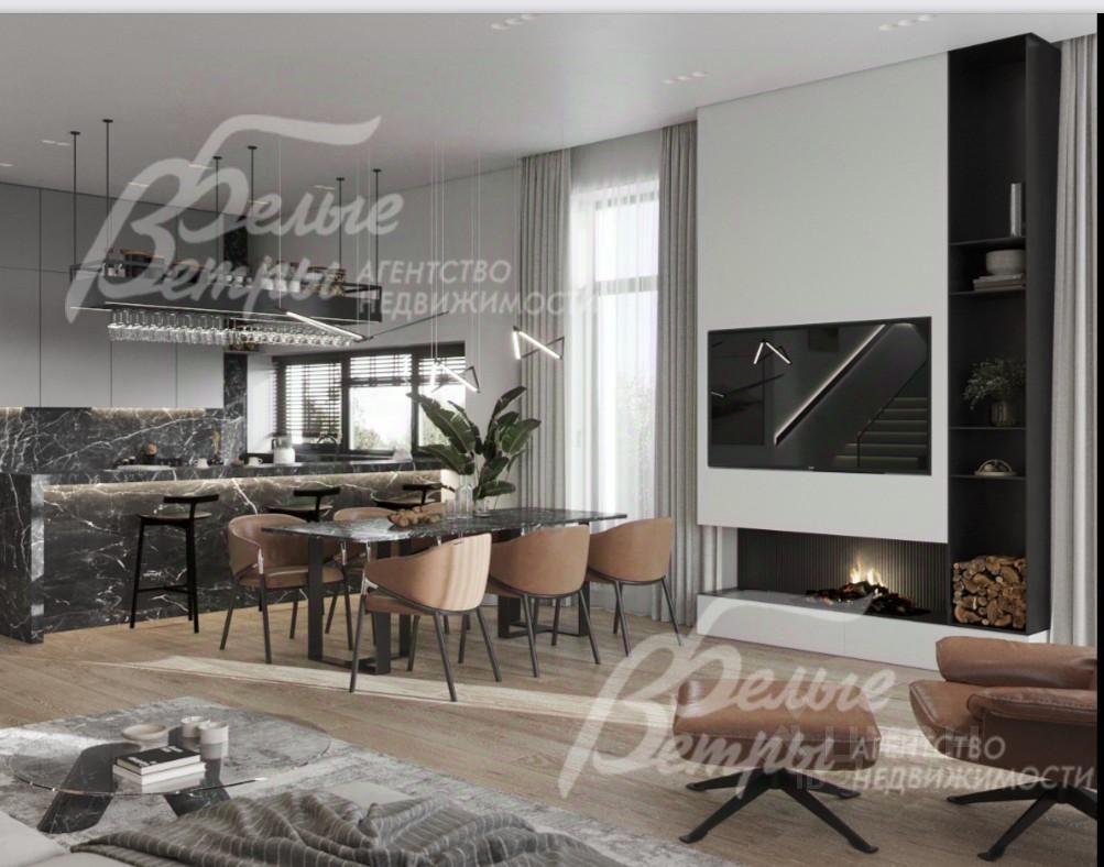 Визуализация: интерьер кухни-столовой с камином (есть дизайн-проект)