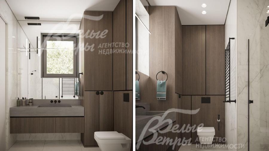 Визуализация дизайн-проекта 2-го этажа: санузел мастер-спальни в бежевых тонах с душевой