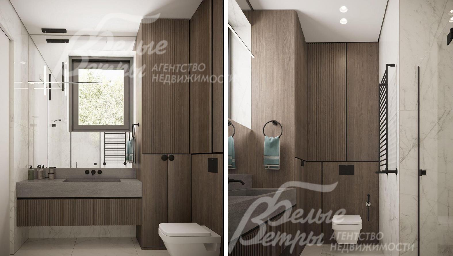 Визуализация дизайн-проекта 2-го этажа: санузел мастер-спальни в бежевых тонах с душевой